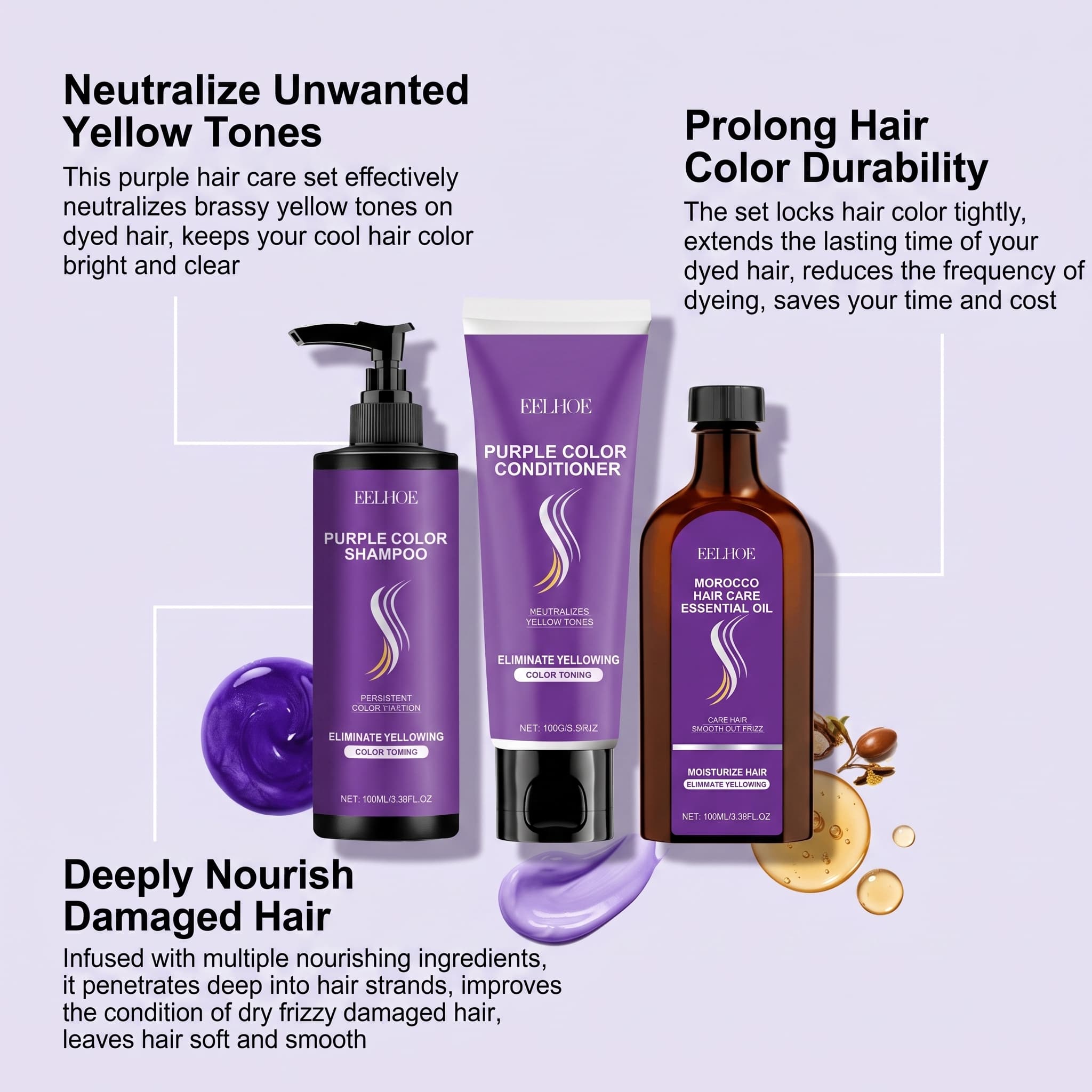 Purple Shampoo Set With Condit - đánh giá và giá Hair Care Oil Serum